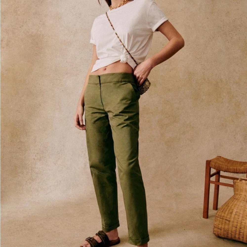 Sezane Milo Trousers XS Size 2 olive green 100% cotton French minimalist pants